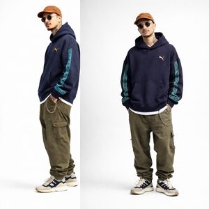 Puma Men’s Road to Unity Oversized-Fit Hoodie XXL Navy Gold Logo Teal Embroidery